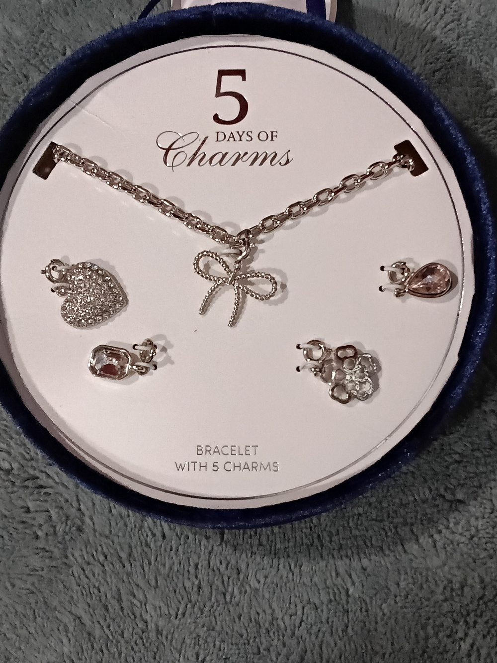 Silver Tone Charm Bracelet Set with Bow and Heart Charms - White Crystal Accents